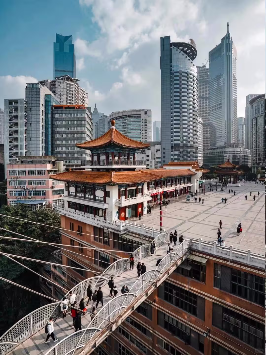 Kuixing Building dramatic walkways and elevated structures in Chongqing